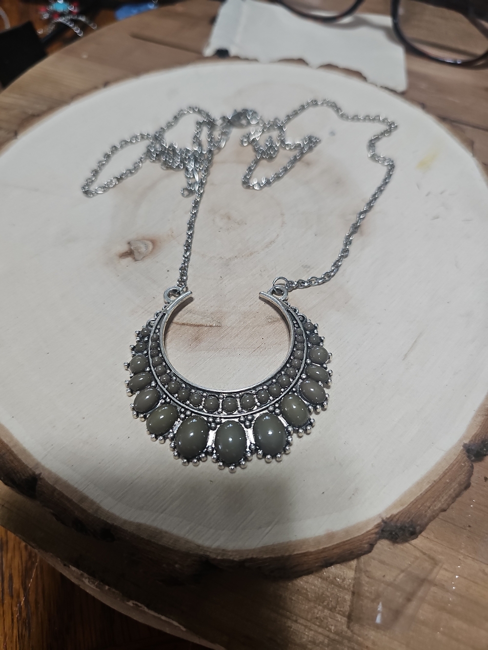 Silver-Tone Olive Stone Crescent Necklace